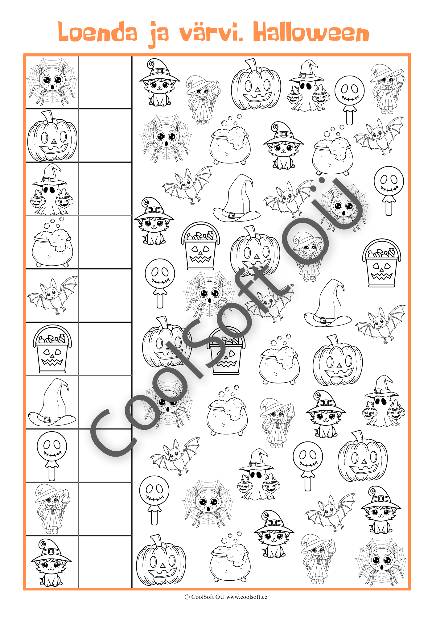 Loenda-ja-varvi-–-Halloween Halloweeni teemaline loenda ja värvi tööleht erinevate tegelaste ja sümbolitega.