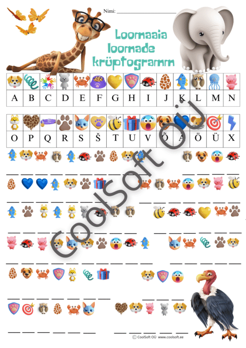 Loomaaia loomade krüptogrammi tööleht lastele loomade nimetuste nuputamiseks