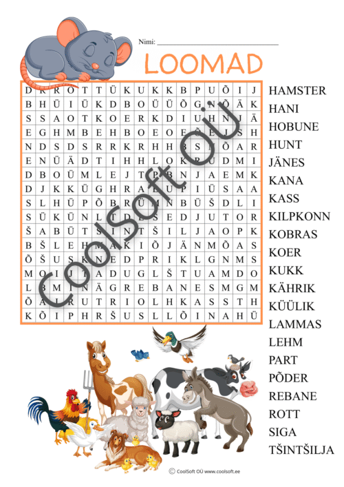 Loomade teemaline sõnaotsingu tööleht lastele koos loomade illustratsioonidega