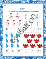 Talveteemaline matemaatika tööleht „MITU?“ – loendamisülesanded piltidega ja numbrite värvimine, 2 lehekülge