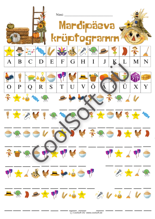Mardipäeva krüptogrammi tööleht, kus laps lahendab piltidest koosnevaid sõnu.
