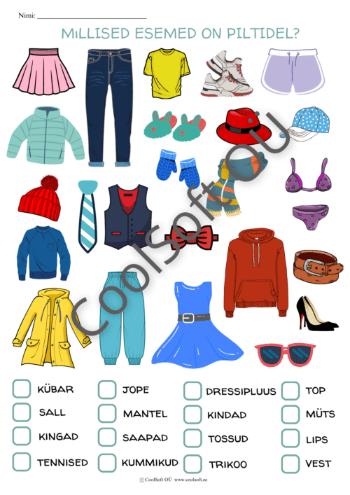 Riideesemete tööleht lastele, kus tuleb piltide järgi ära tunda ja valida õiged rõivad
