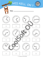 Kella lugemise tööleht lastele, kus tuleb vaadata analoogkella ja kirjutada õige kellaaeg.