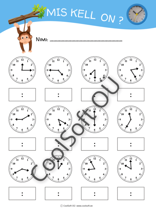 Kella lugemise tööleht lastele, kus tuleb vaadata analoogkella ja kirjutada õige kellaaeg.