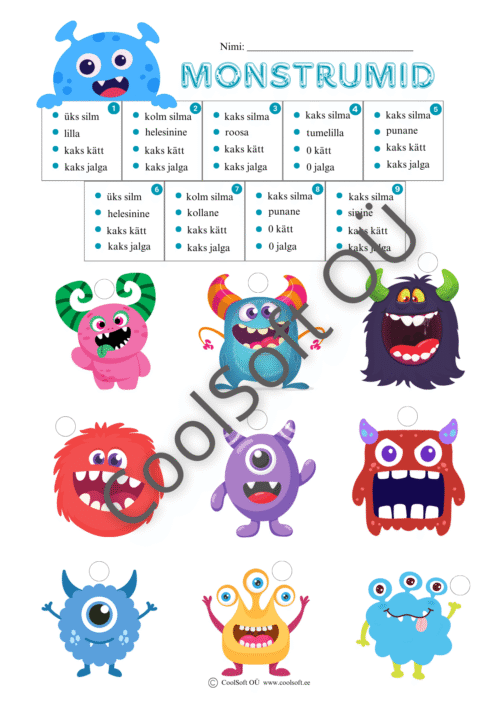 Laste tööleht „Monstrumid“, kus tuleb juhendite järgi sobitada õiged värvilised monstrumid.