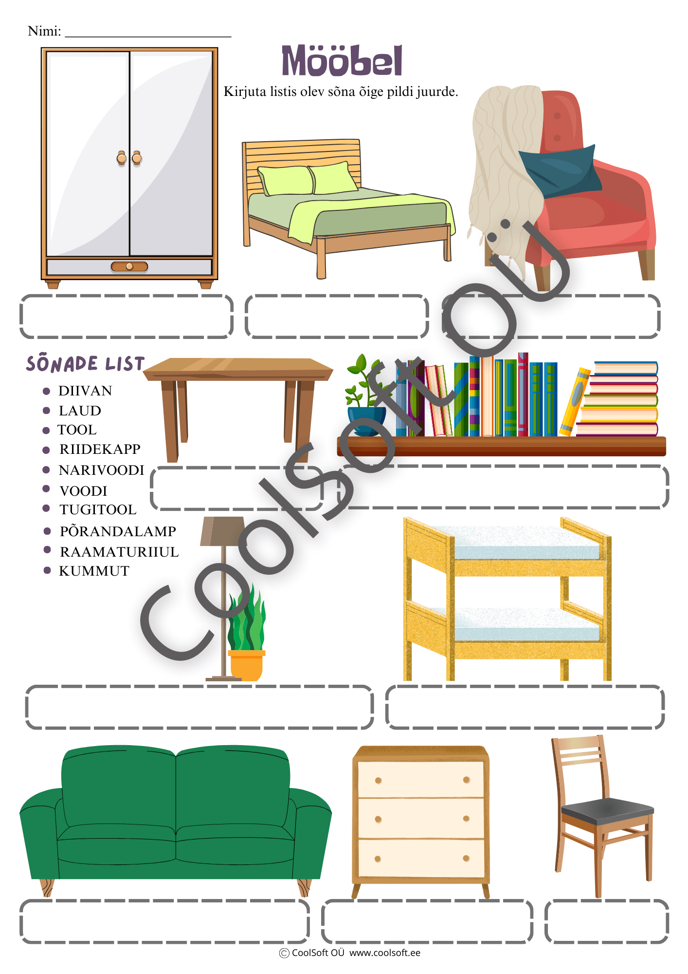 Moobel-–-kirjuta-sona-oige-pildi-juurde Mööbli teemaline tööleht, kus lapsed kirjutavad sõnade nimekirjast õige mööblieseme nime pildi juurde