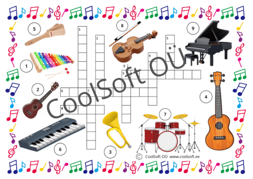 Muusikainstrumentide ristsõna tööleht koos piltidega