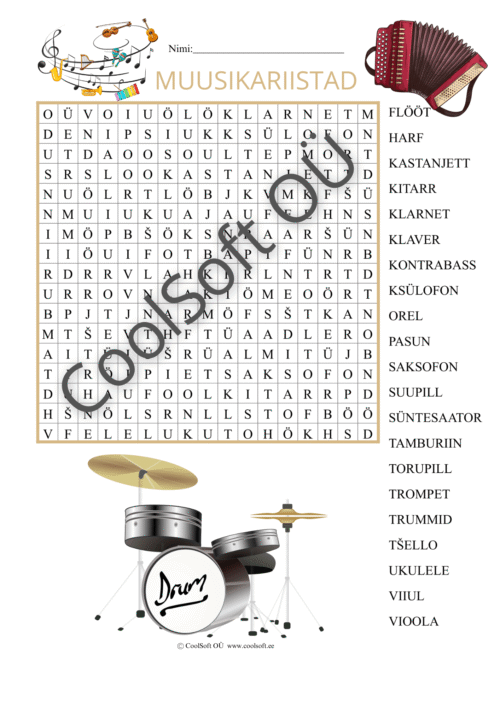 Muusikariistade teemaline sõnaotsingu tööleht lastele erinevate pillide nimetustega