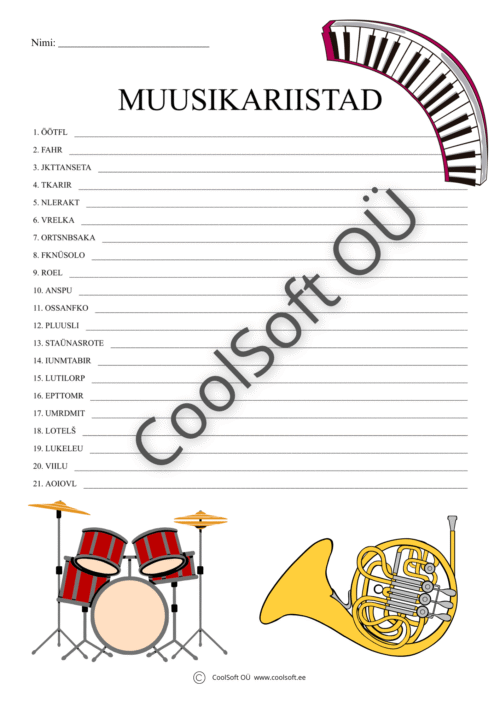 Muusikariistade tööleht lastele, kus on kujutatud trummid, klahvpill ja vaskpuhkpill.