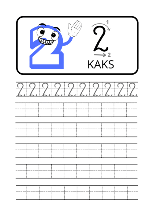 Numbrite kirjutamise tööleht – number 2 harjutusjoonte ja kirjutamisjuhistega lastele