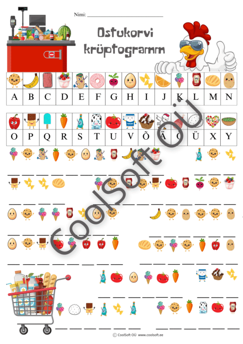 Ostukorvi teemaline krüptogrammi tööleht lastele, kus pildid asendavad tähti ja moodustavad sõnu