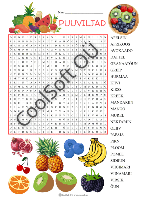 Puuviljade teemaline sõnaotsingu tööleht – laps otsib tähtede seast puuviljade nimetusi