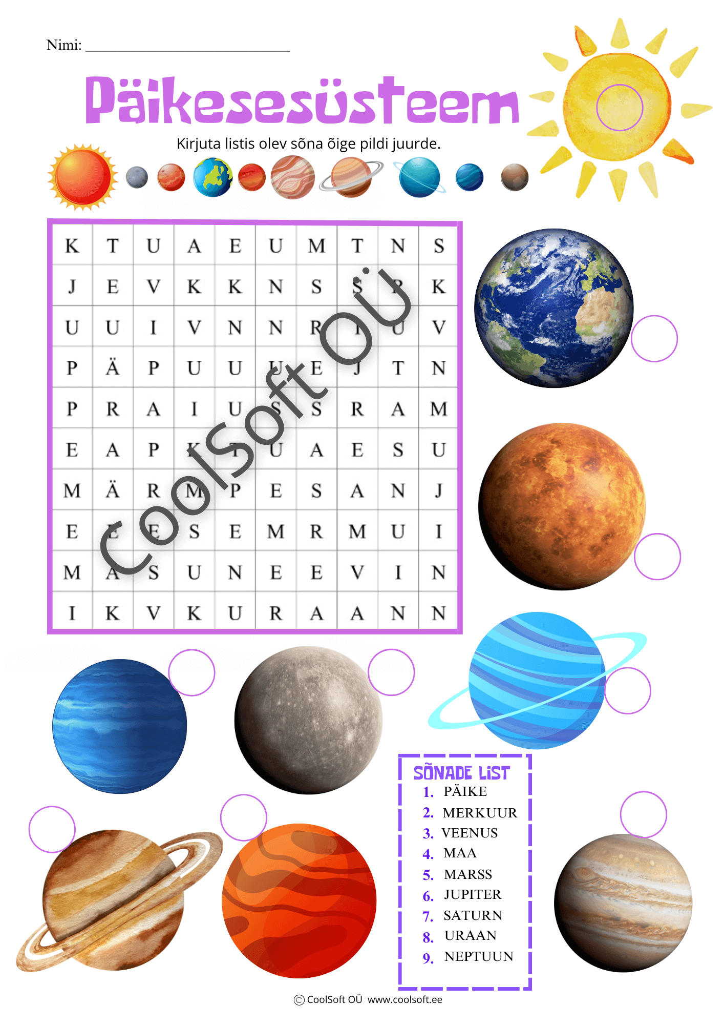 Paikesesusteem-–-planeetide-tooleht-lastele Päikesesüsteemi tööleht lastele planeetide õppimiseks