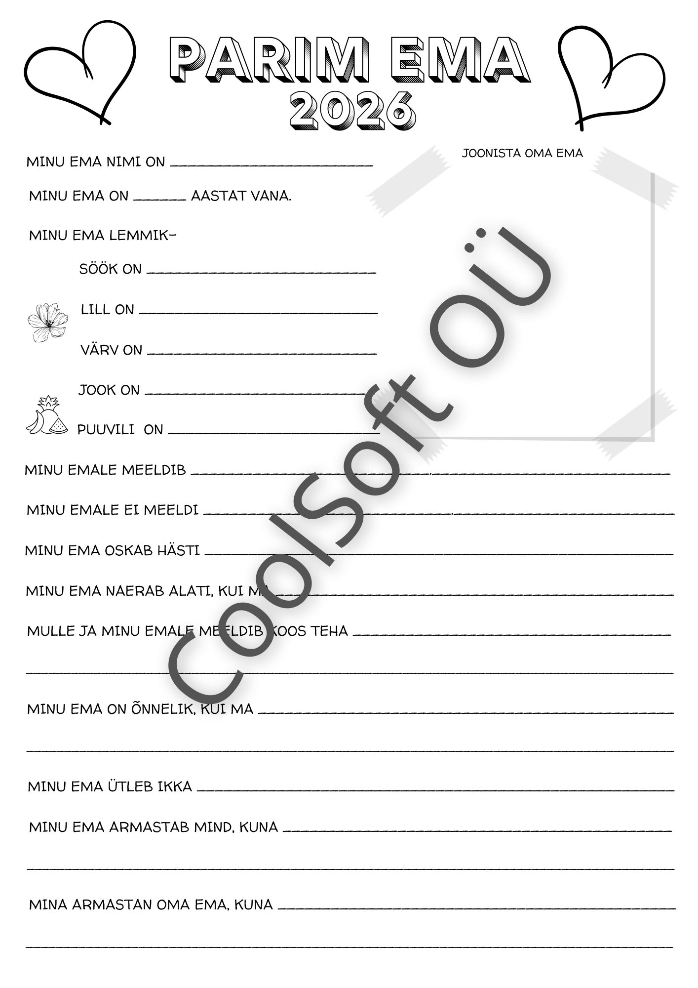 Parim-ema-–-kirjutamis-ja-joonistamistooleht Parim ema tööleht, kus laps kirjutab oma emast ja joonistab ema pildi