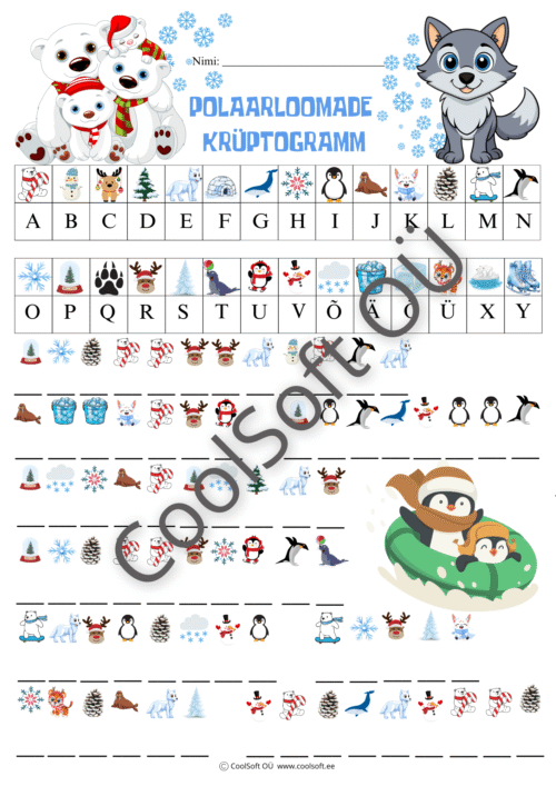 Polaarloomade teemaline krüptogrammi tööleht, kus piltide ja tähtede abil tuleb lahendada sõnu