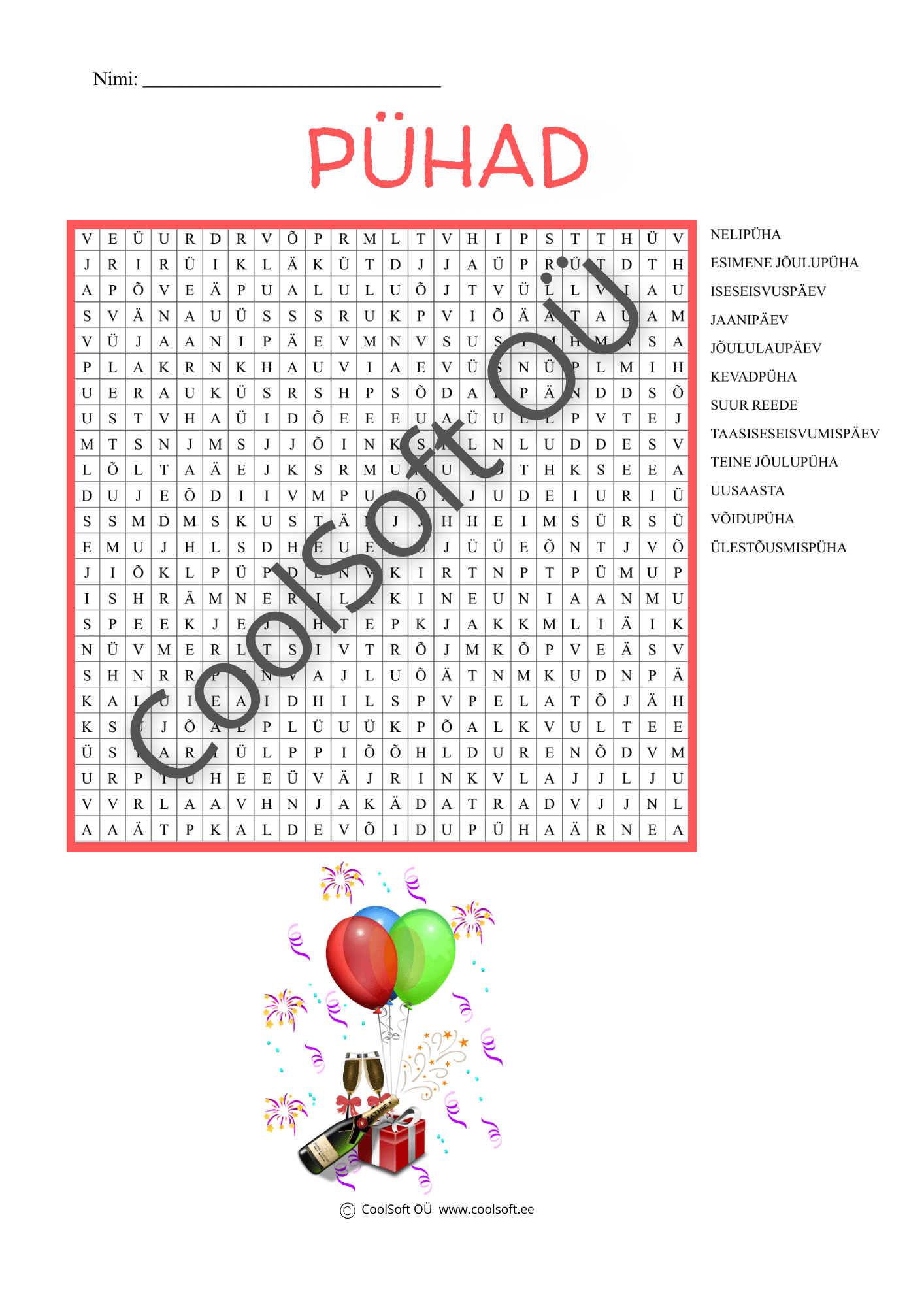 Puhad-–-sonaotsingu-tooleht-lastele Pühade teemaline sõnaotsingu tööleht lastele, kus tuleb leida täherägastikust erinevate pühade nimetused.