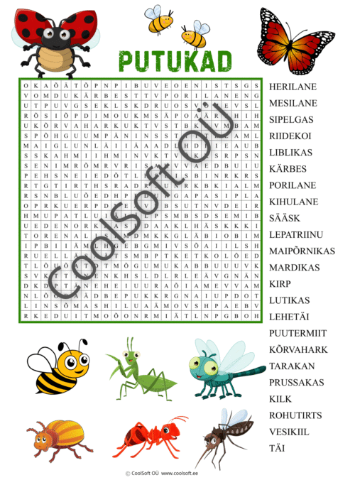 Putukate sõnaotsingu tööleht lastele, kus tuleb täherägastikust leida erinevate putukate nimetusi
