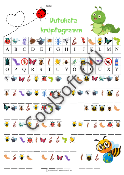 Putukate krüptogrammi tööleht lastele, kus piltide abil tuleb dešifreerida tähed ja moodustada sõnu