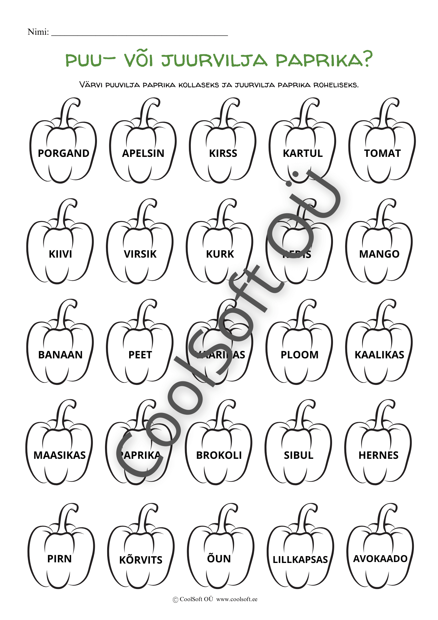 Puu-voi-juurvilja-paprika-–-motlemis-ja-varvimistooleht Puu- või juurvilja paprika tööleht, kus laps värvib taimed vastavalt nende kasvukohale.