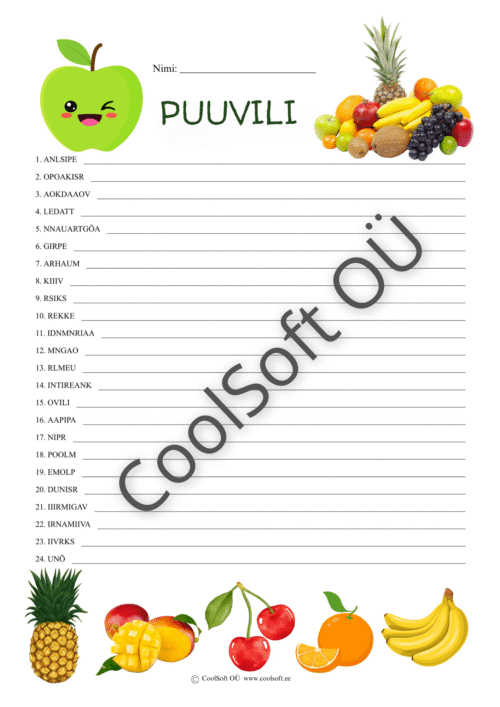 Puuviljade teemaline tööleht, kus segamini tähed tuleb panna õigesse järjekorda