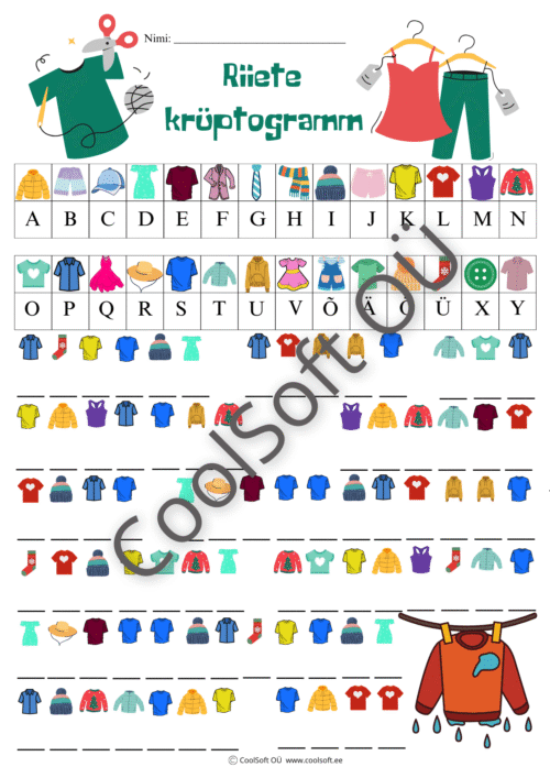 Riiete krüptogrammi tööleht lastele, kus rõivaste pildid vastavad tähtedele ja moodustavad sõnu