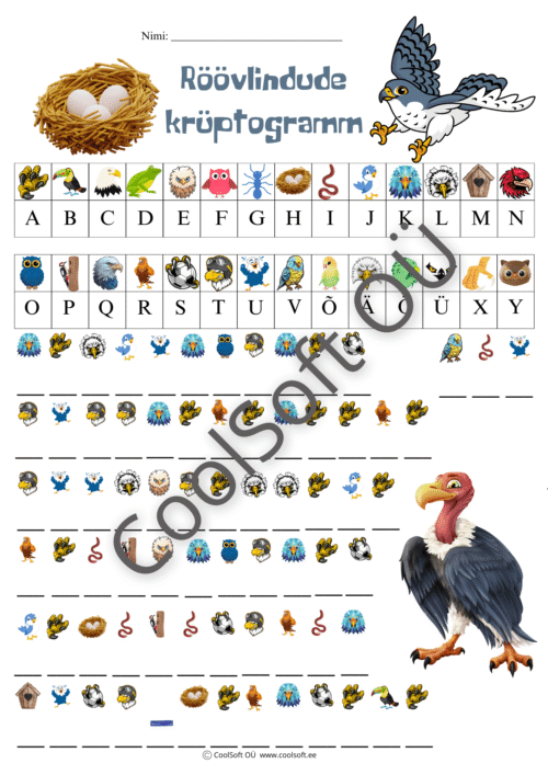 Röövlindude krüptogrammi tööleht lastele, kus piltide ja tähtede abil lahendatakse kood ning moodustatakse sõnu