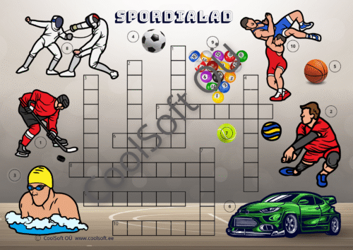 Spordialade teemaline ristsõna tööleht lastele koos spordialade piltidega