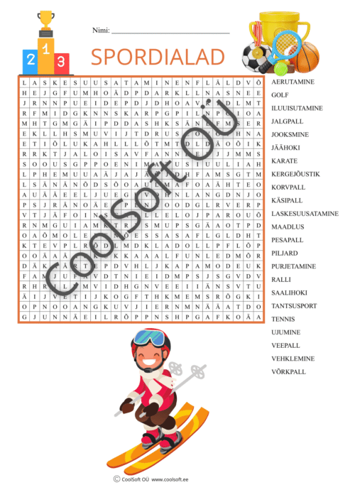 Spordialade teemaline sõnaotsingu tööleht lastele koos värviliste spordiillustratsioonidega