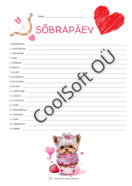 Sõbrapäeva tööleht lastele, kus on südamed, Cupido vibu ja armas koerakook ning sõnaülesanded.