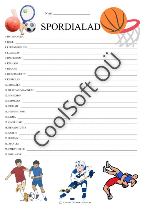 Spordialade tööleht, kus lapsed moodustavad segamini tähtedest erinevate spordialade nimetusi.
