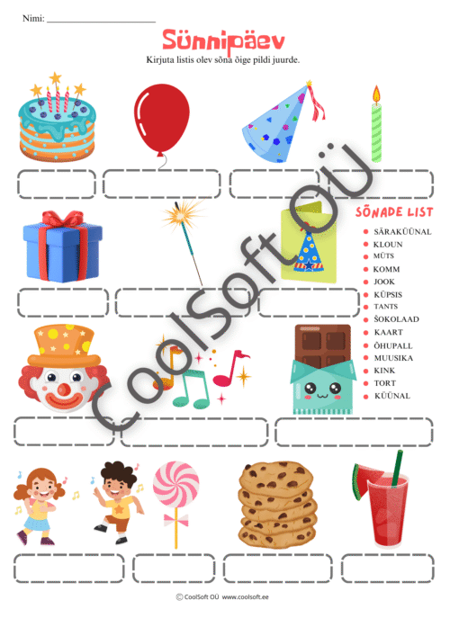 Sünnipäevateemaline tööleht lastele, kus tuleb kirjutada õiged sõnad vastavate piltide juurde