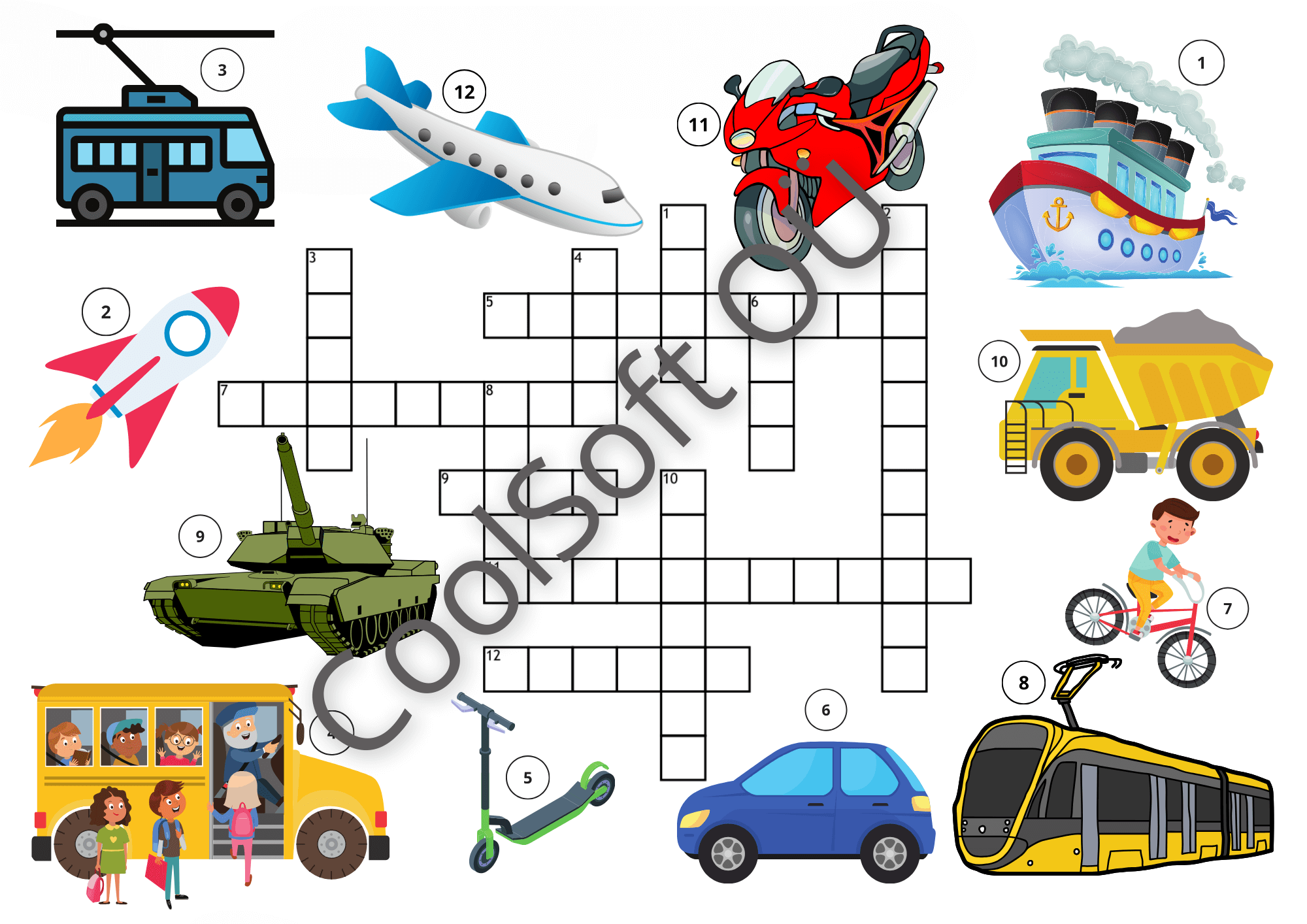 TRANSPORDIVAHENDID-–-ristsona-piltidega Transpordivahendite teemaline ristsõna tööleht piltidega lastele