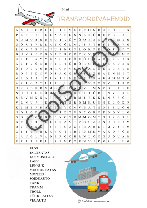 Transpordivahendite teemaline sõnaotsingu tööleht lastele
