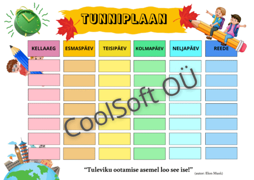 Värviline tunniplaani tööleht lastele esmaspäevast reedeni koos kellaegadega
