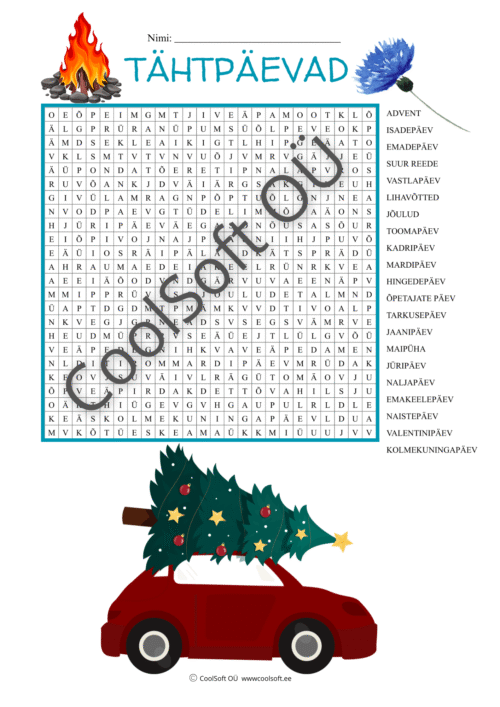 Tähtpäevade sõnaotsingu tööleht lastele, kus tuleb leida täherägastikust erinevad pühad ja tähtpäevad.