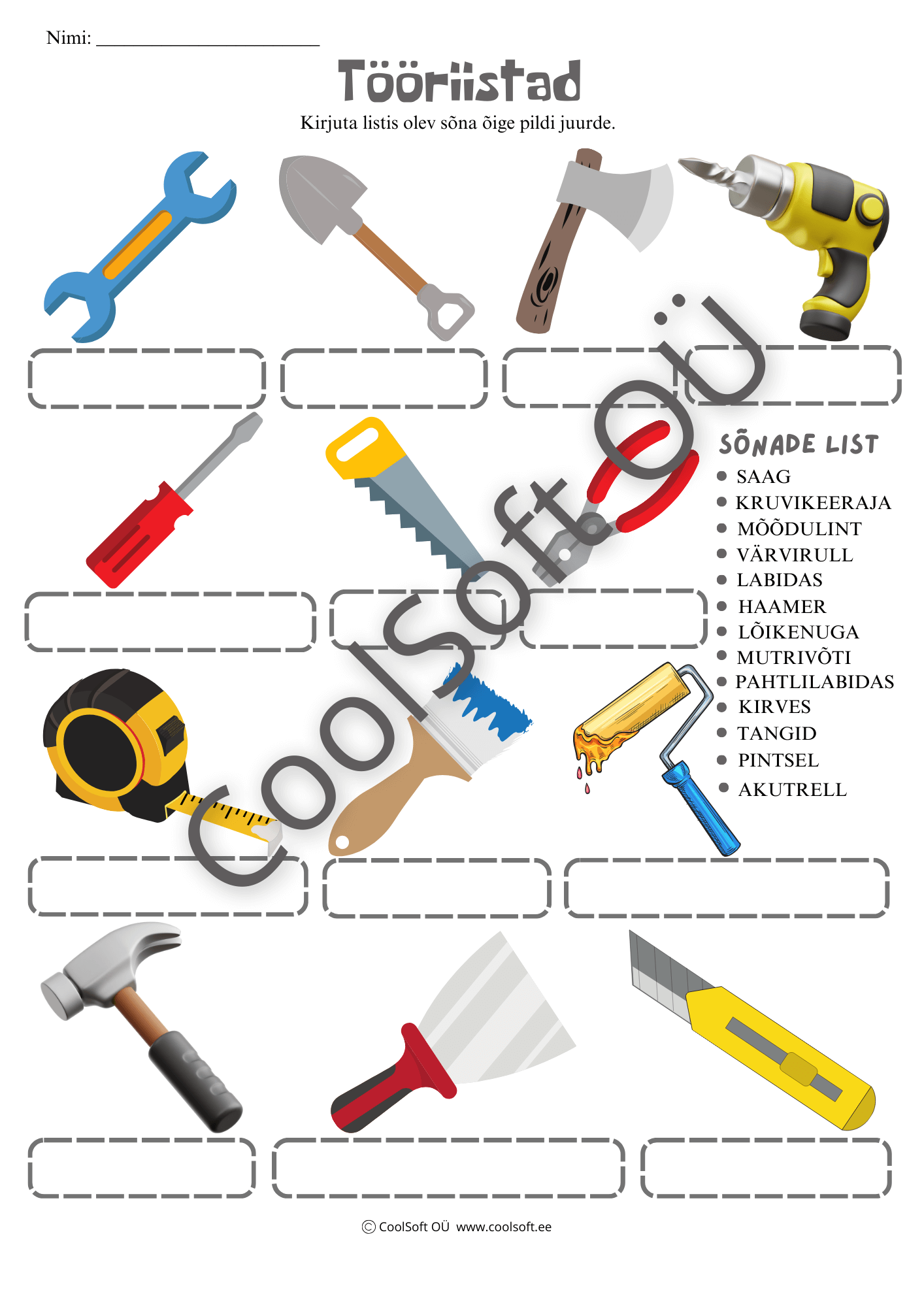 Tooriistad-–-kirjuta-oige-sona-pildi-juurde-tooleht-lastele Tööleht tööriistade õppimiseks, kus laps kirjutab õiged tööriistade nimetused vastavate piltide juurde