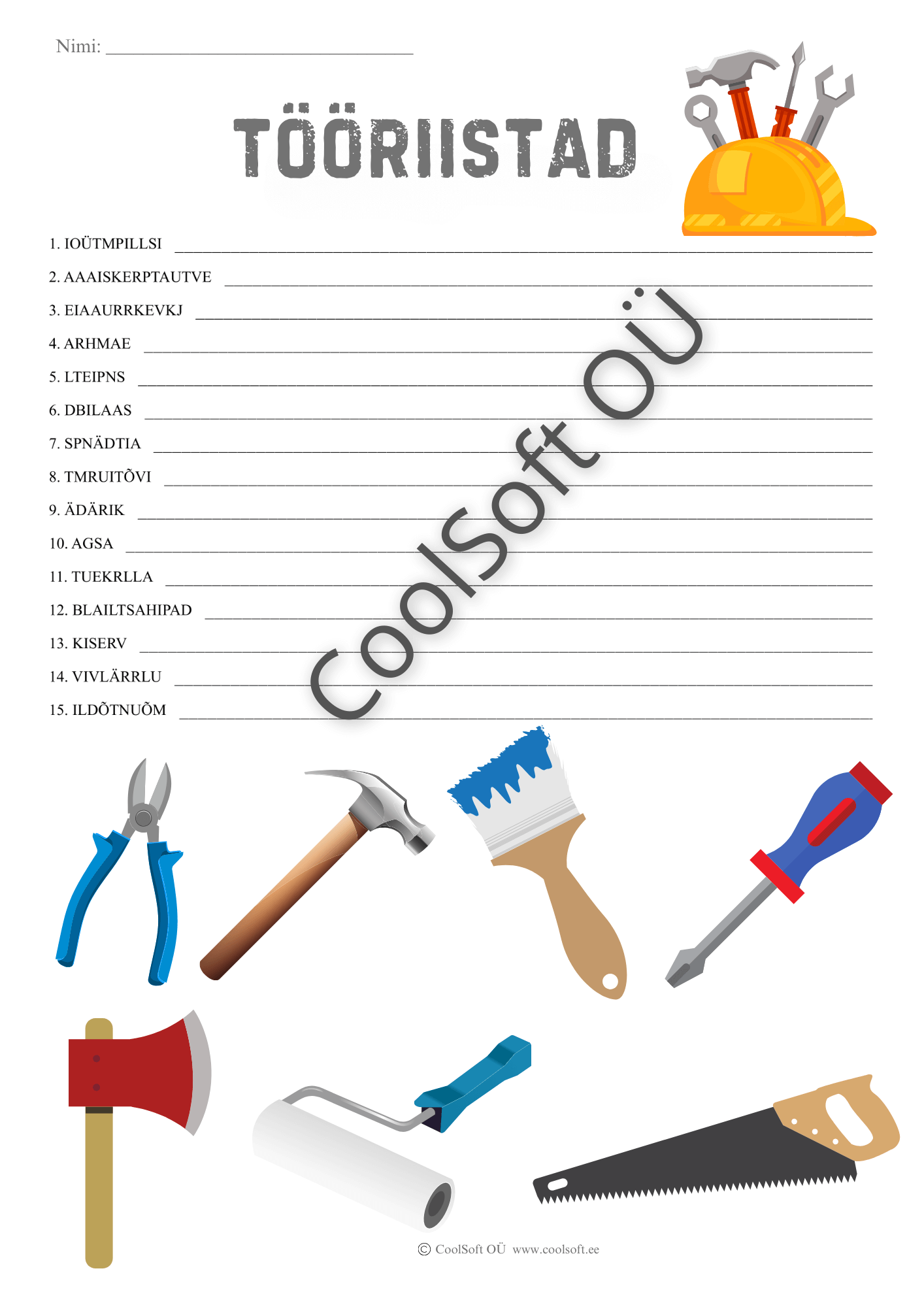 Tooriistad-–-tahtede-jarjestamise-tooleht-lastele Tööriistade tööleht lastele, kus tuleb segamini tähtedest moodustada õiged sõnad