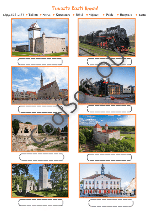 Eesti linnade tööleht lastele, kus tuleb tuvastada linnad fotodel kujutatud vaatamisväärsuste järgi