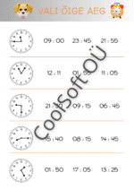 Kella lugemise tööleht „Vali õige aeg“ – analoogkella ja digitaalse aja valimine