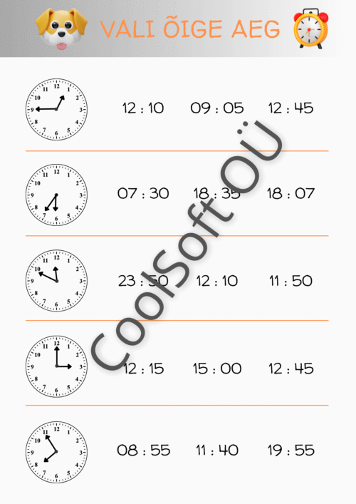 Kella lugemise tööleht „Vali õige aeg“ – analoogkella ja digitaalse aja valimine