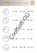 Kella lugemise tööleht „Vali õige aeg“ – analoogkella ja digitaalse aja valimine