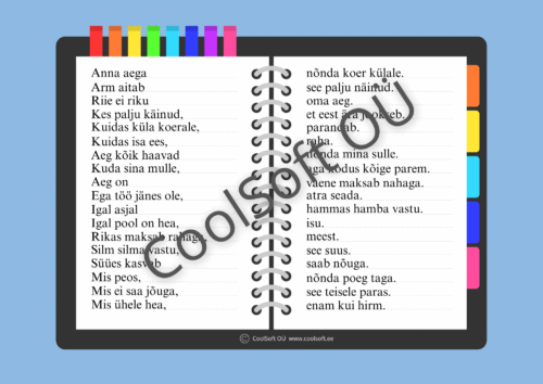 Vanasõnade tööleht lastele märkmiku kujundusega, kus on kirjas erinevad eesti vanasõnad