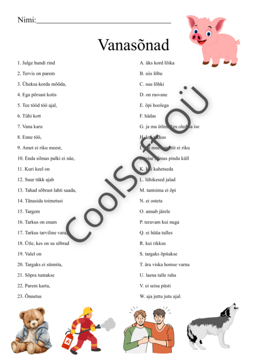 Vanasõnade tööleht, kus lapsed ühendavad vanasõnade algused ja lõpud õigeks tervikuks.