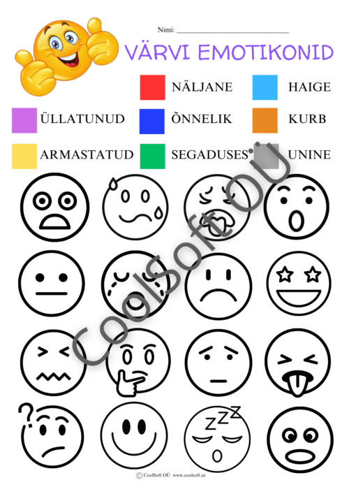 Laste tööleht „Värvi emotikonid“, kus emotikonid tuleb värvida vastavalt emotsioonidele ja värvikoodidele.