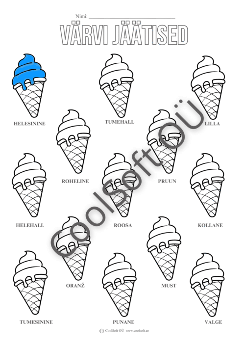 Laste värvimistööleht jäätistega, kus jäätised tuleb värvida vastavalt etteantud värvinimedele.
