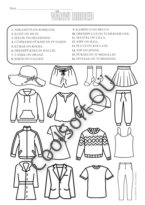 Värvi riided tööleht lastele – rõivaste värvimine vastavalt juhistele