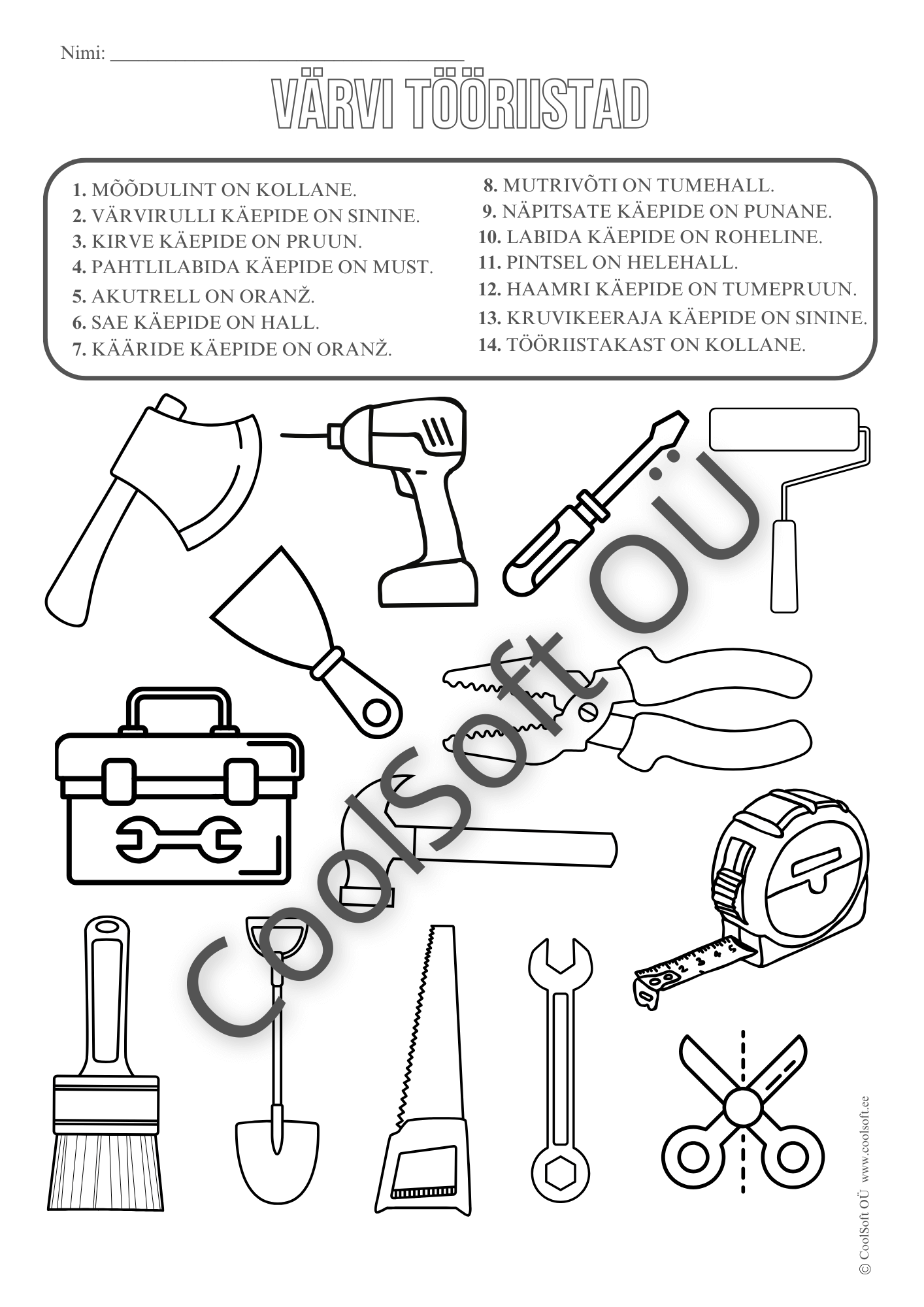 Varvi-tooriistad-–-tooleht-lastele Värvimistööleht, kus lapsed värvivad tööriistu vastavalt kirjalikele juhistele