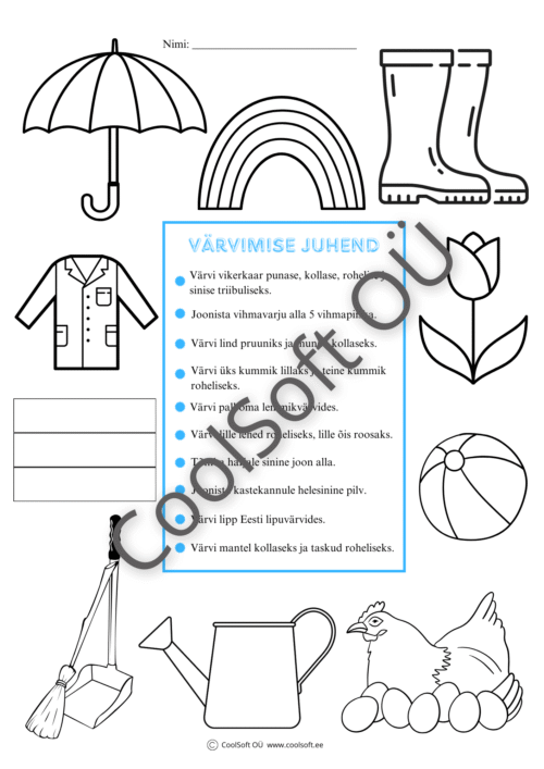 Värvimise juhendiga tööleht, kus lapsed värvivad pilte vastavalt kirjalikele juhistele