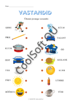 Vastandite tööleht, kus lapsed ühendavad joonega vastandsõnad ja vastavad pildid.