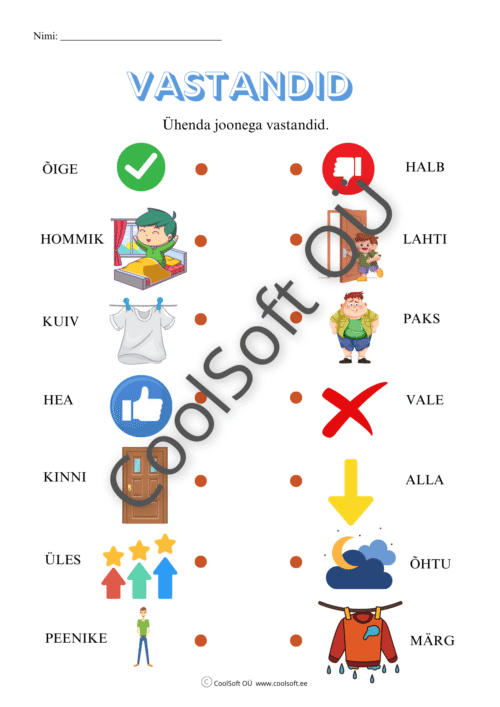 Vastandite tööleht, kus lapsed ühendavad joonega vastandsõnad ja vastavad pildid.